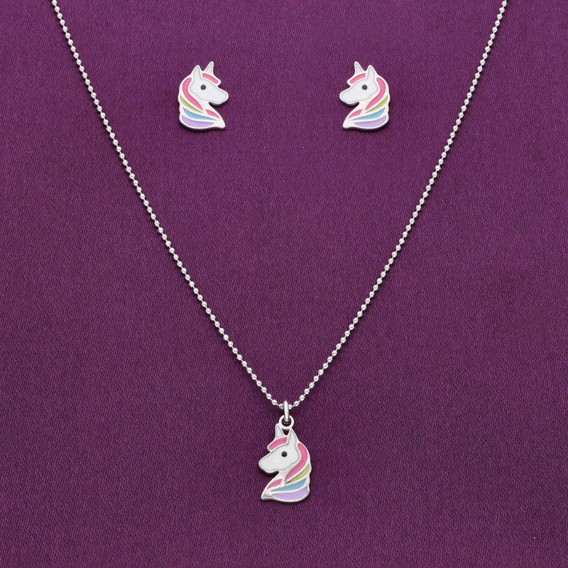 Happy Unicorn Silver Pendant & Earring Set